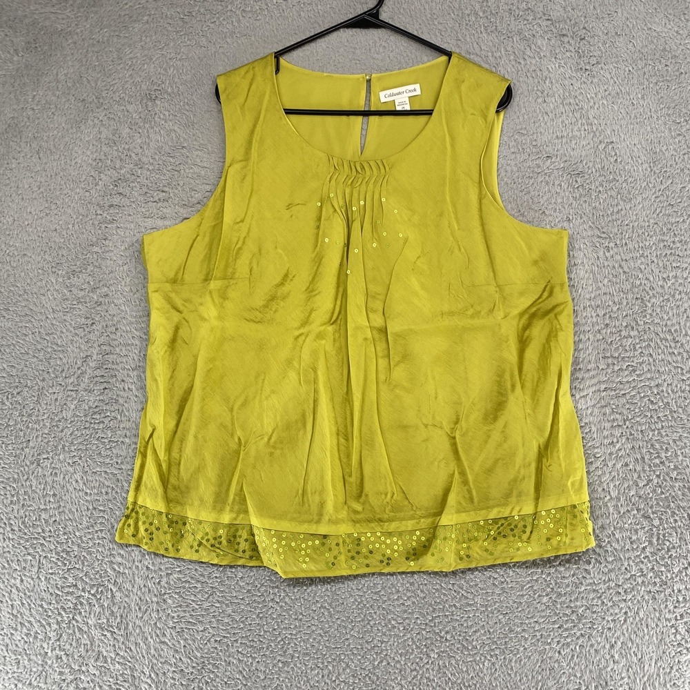 Coldwater Creek Tank Womens 2X Green Sequin Hem Chartreuse Top Summer‎ Silky
